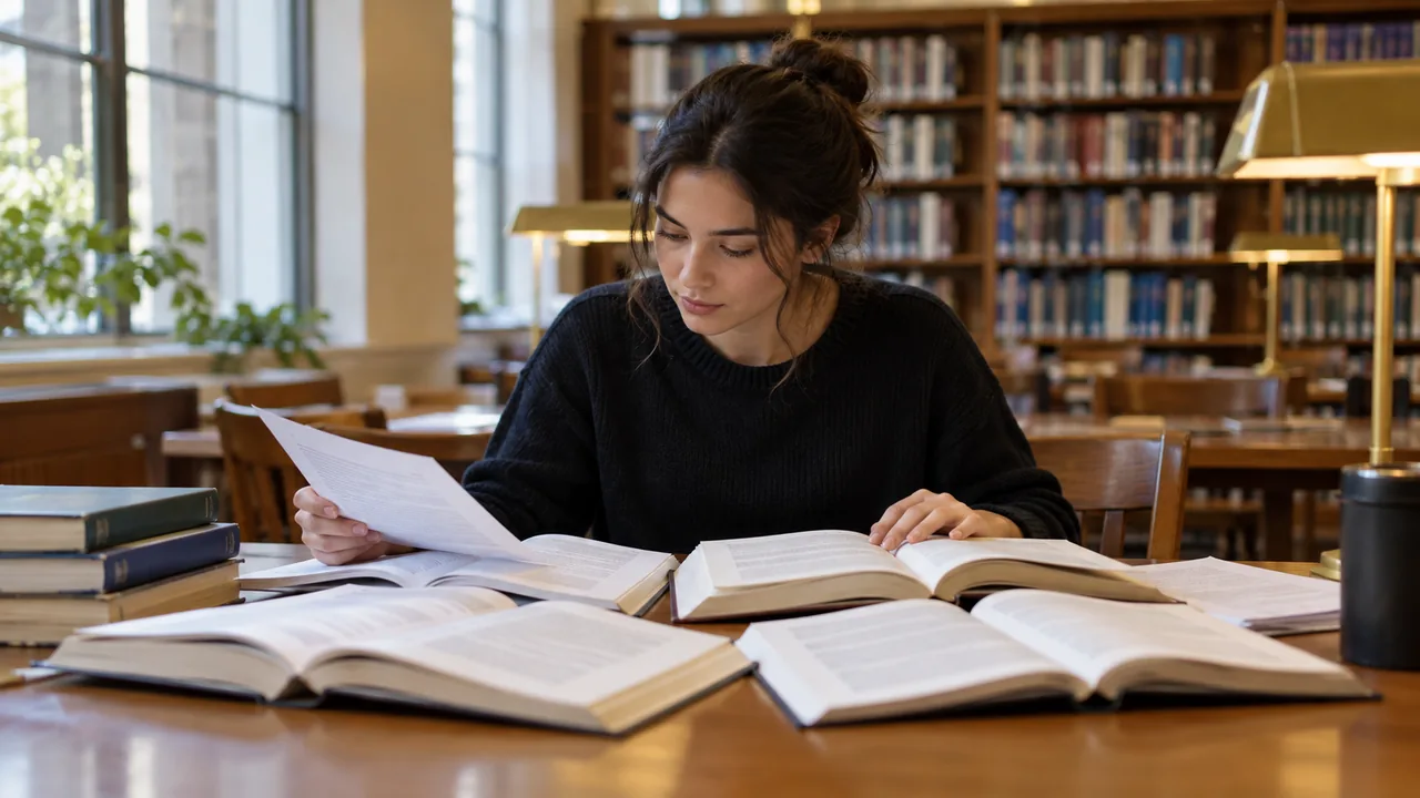 Pesquisador compara livros e publicações em uma biblioteca acadêmica.