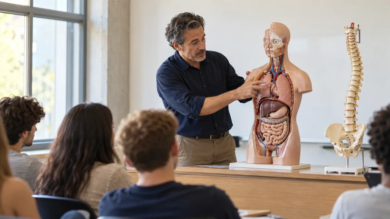 Clase universitaria de fisiología con modelos docentes sobre la mesa.