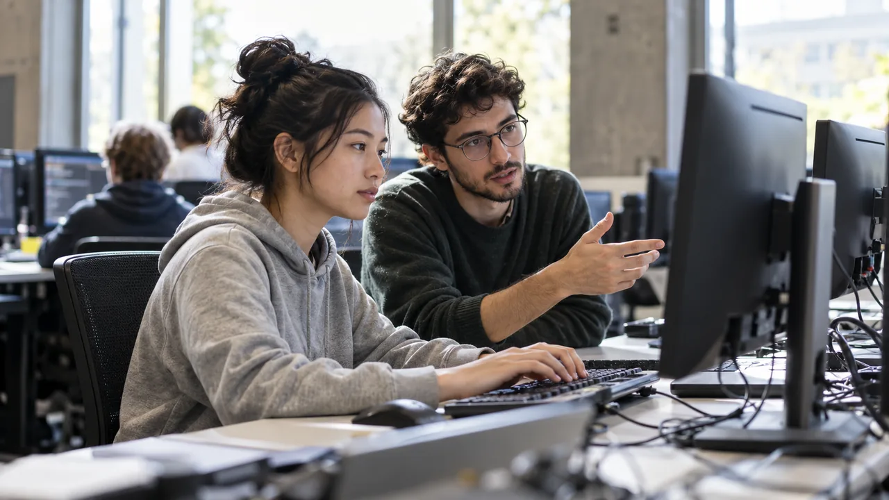 Estudiantes trabajan en equipo en un laboratorio universitario de programación.