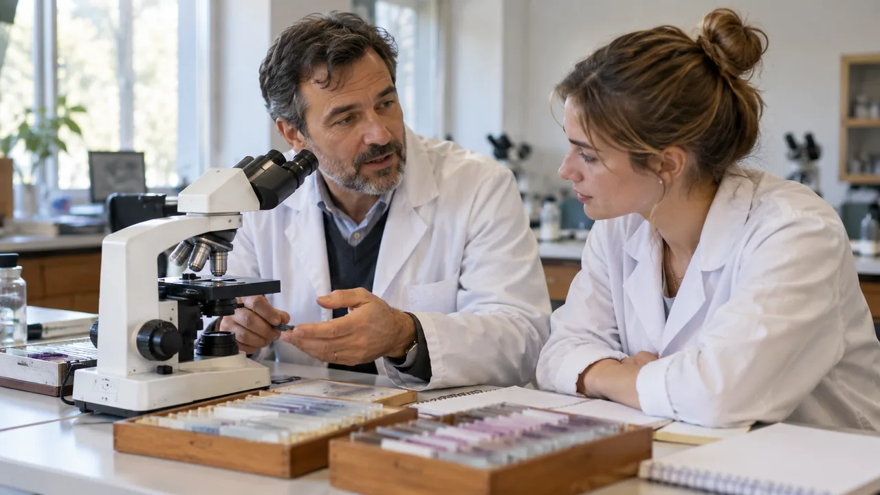 Docente y estudiante trabajan con un microscopio en una clase de histología.