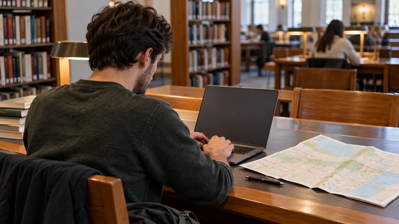 Estudiante trabaja con un portátil y un mapa sobre una mesa.