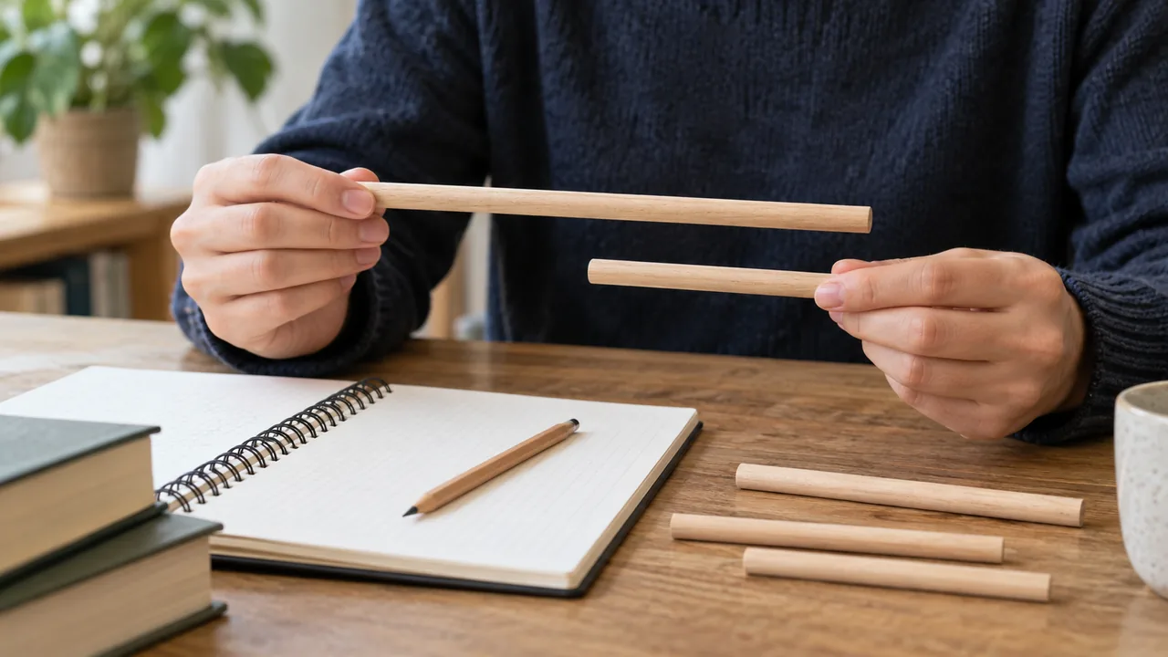 Mãos comparam comprimentos de hastes de madeira junto a um caderno.