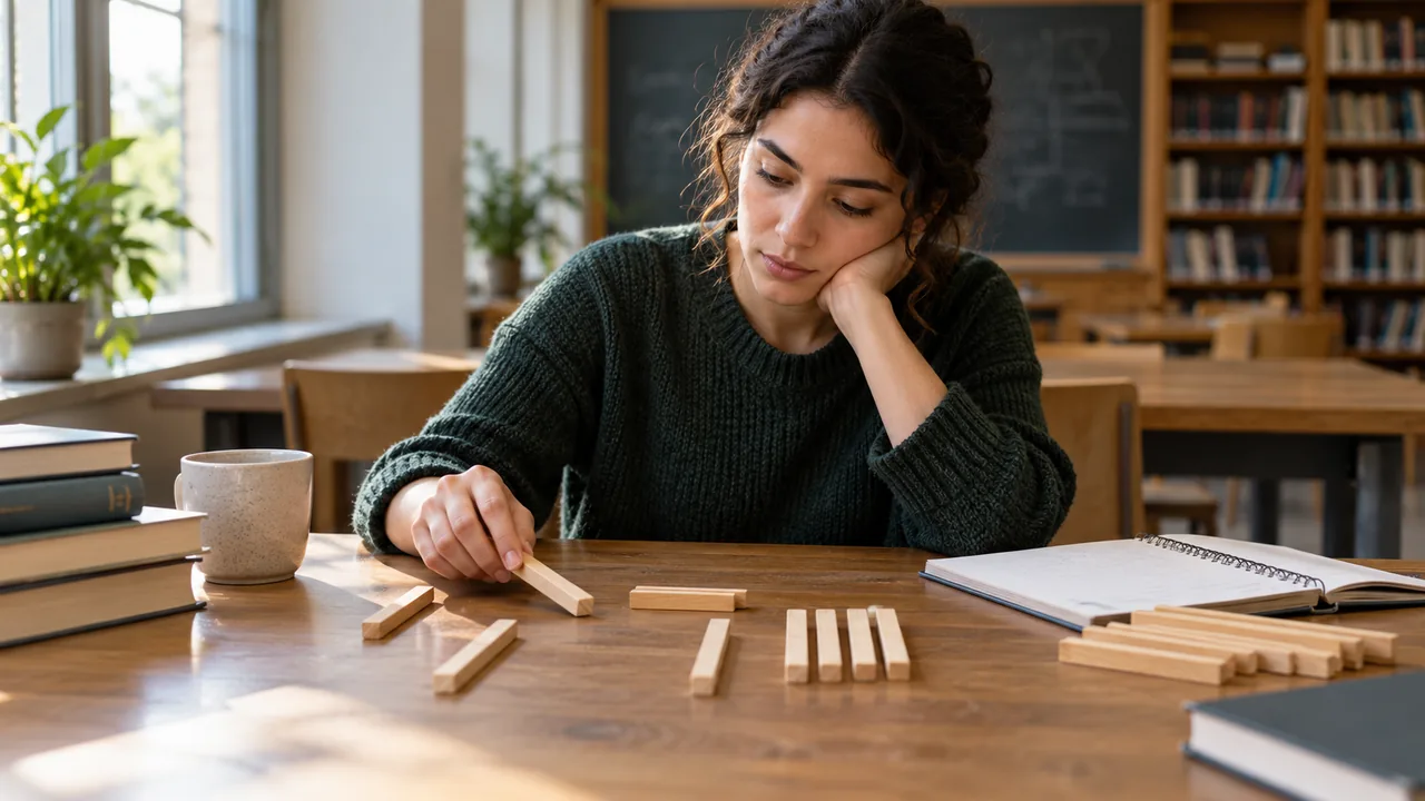 Estudante de matemática investiga divisibilidade com hastes de madeira e um caderno.