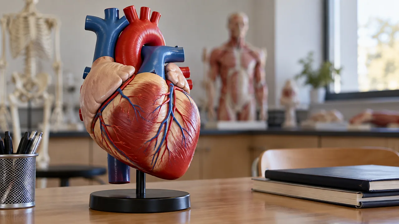 Modelo didáctico de corazón sobre una mesa de aula.