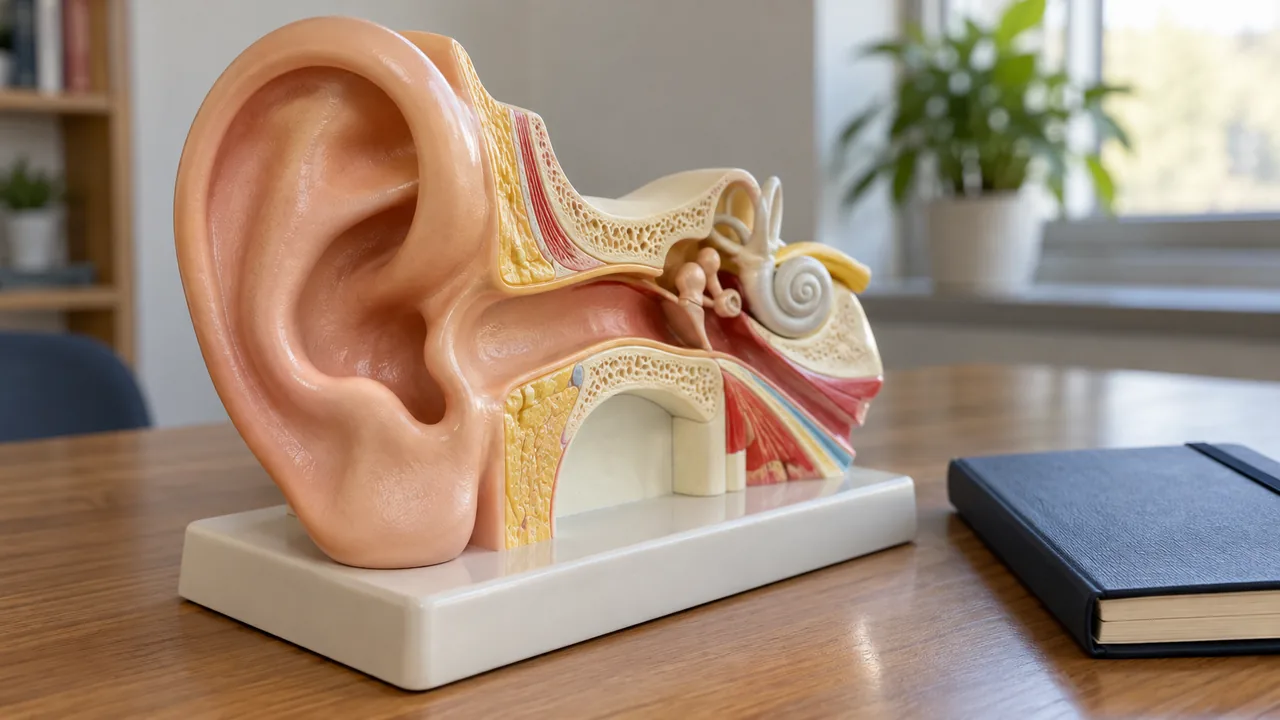 Detalle de un modelo de plástico de la oreja junto a un cuaderno.