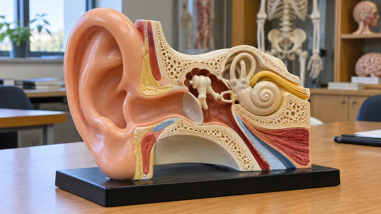 Modelo didáctico del oído en una mesa de anatomía.
