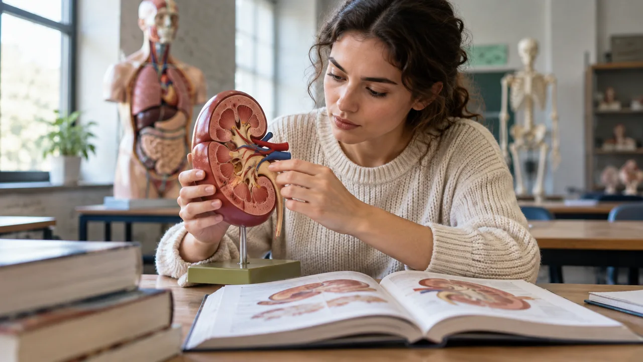 Estudante examina um modelo anatômico didático de rim ao lado de um livro.