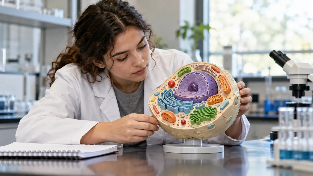 Estudante observa um modelo didático de célula em laboratório universitário.