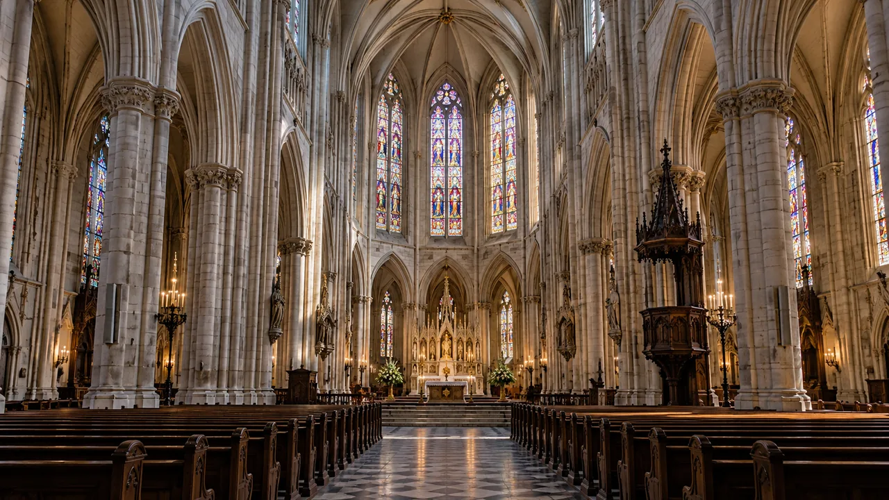 Interior de una iglesia gótica con arcos apuntados y bóvedas de crucería.
