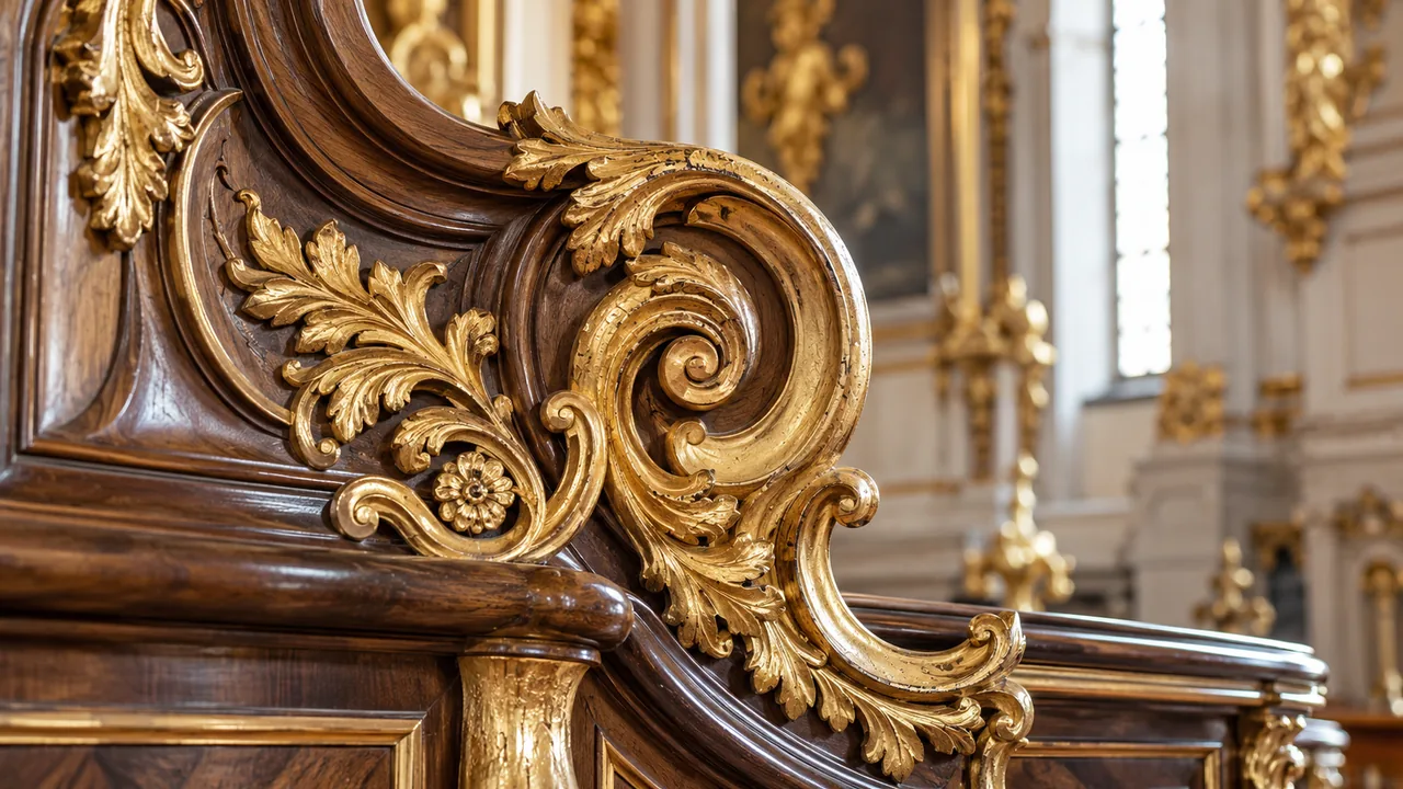 Detalhe ornamental em madeira esculpida e douramento em um interior de inspiração barroca.
