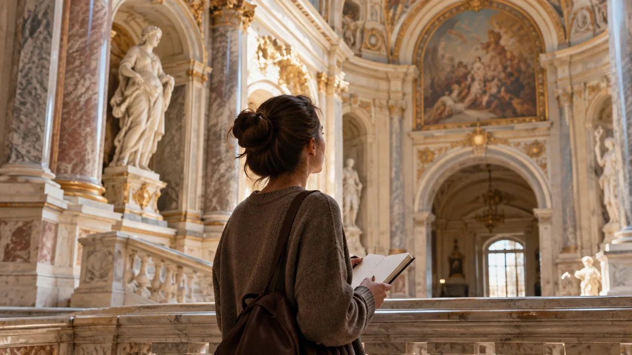 Estudante de história da arte observa um interior arquitetônico de inspiração barroca.