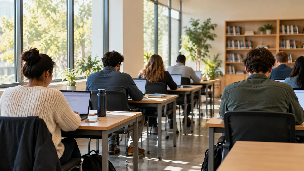 Estudiantes trabajan con portátiles en una sala de informática.