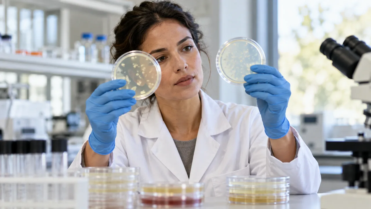 Pesquisador examina placas de cultura fechadas em um laboratório de microbiologia.