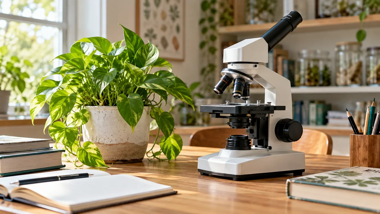 Planta verde junto a un microscopio en una mesa de estudio.