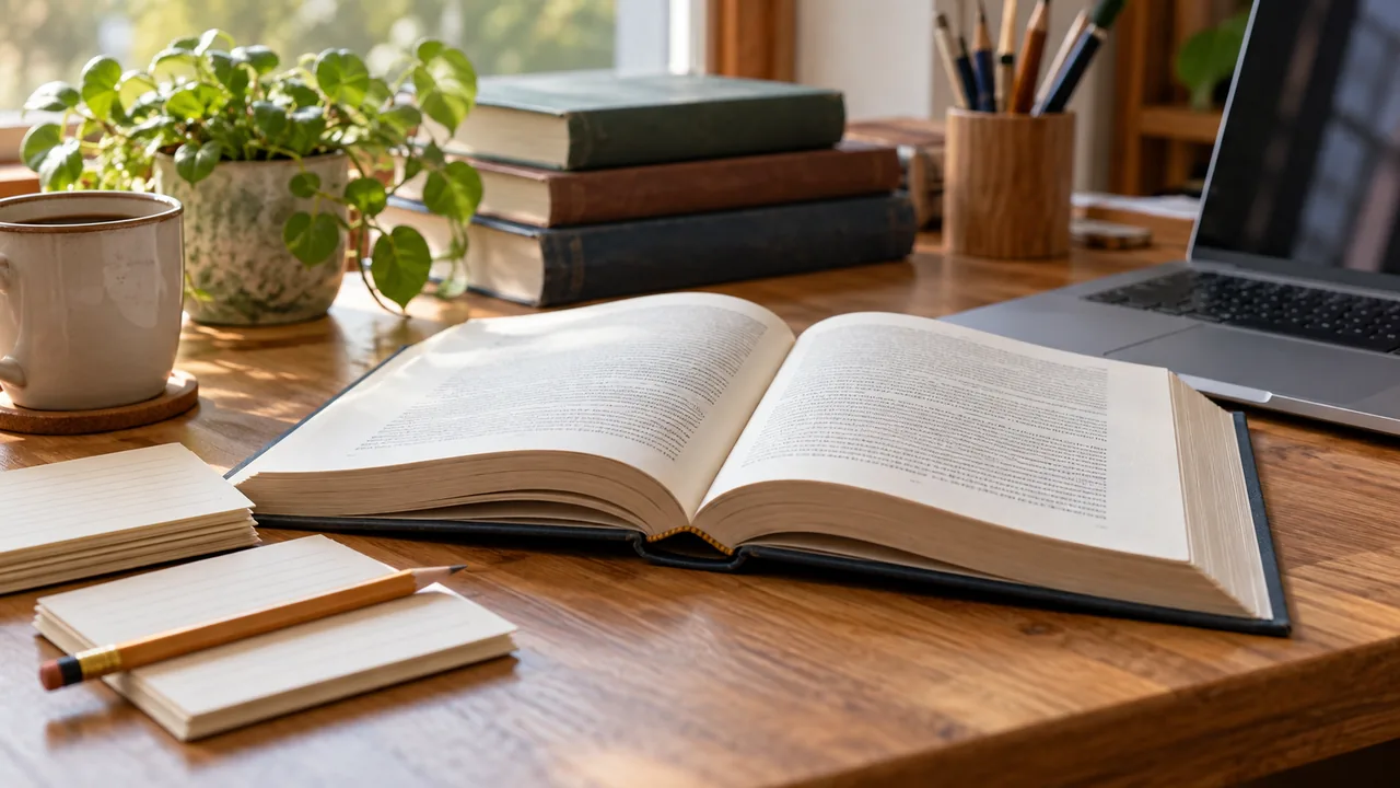 Livro acadêmico aberto e fichas de consulta junto a um computador.