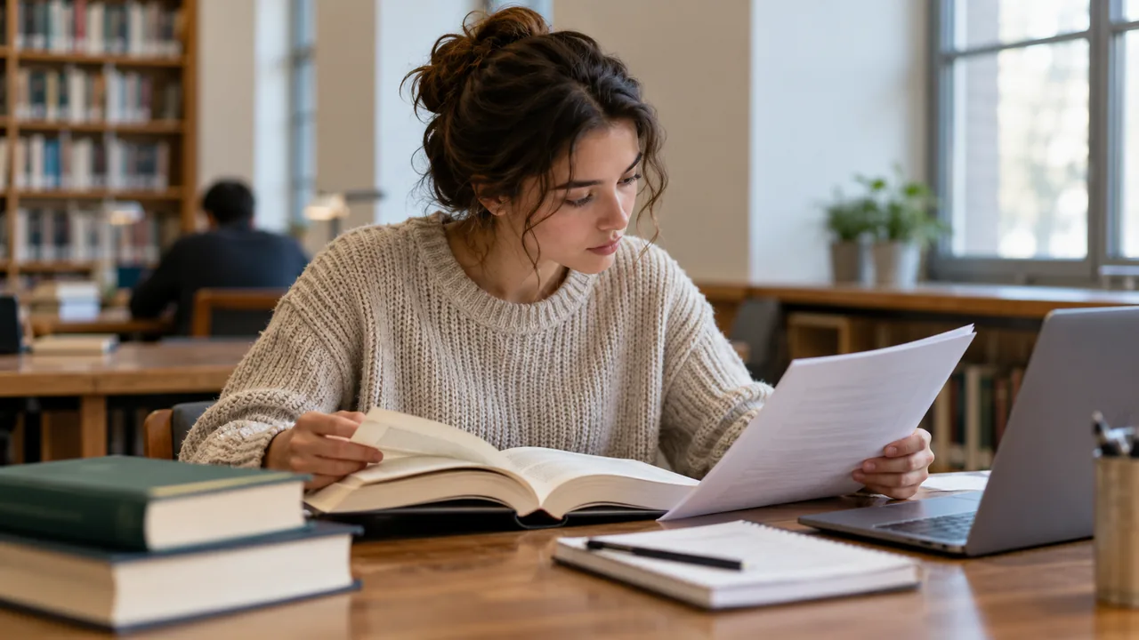 Estudante compara um livro-fonte com um rascunho de trabalho acadêmico.