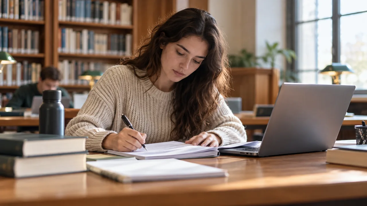 Estudante revisa um texto acadêmico com caneta e computador em uma biblioteca.