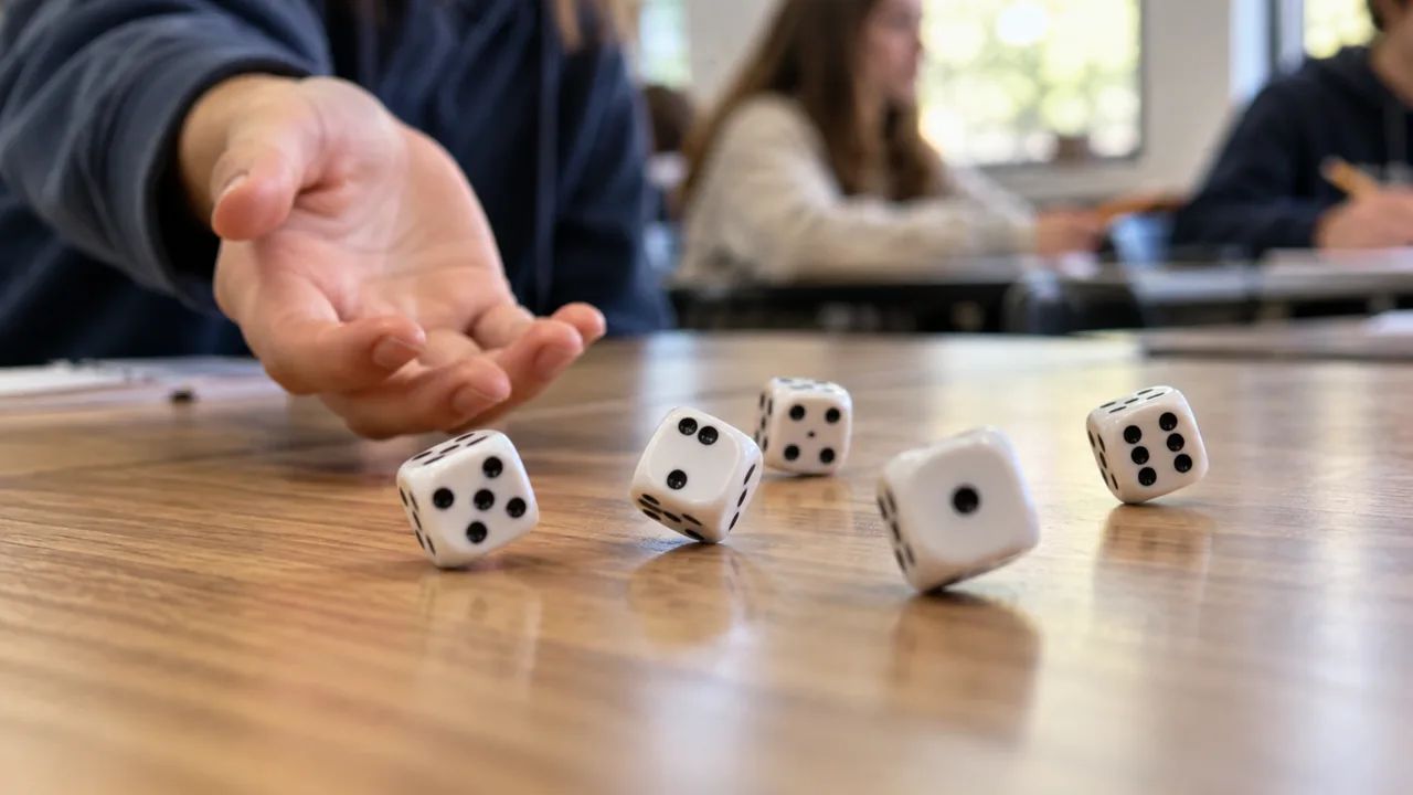 Una mano lanza dados sobre una mesa en una actividad de probabilidad.