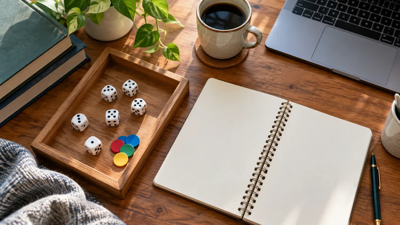 Dados y fichas de colores junto a un cuaderno abierto.