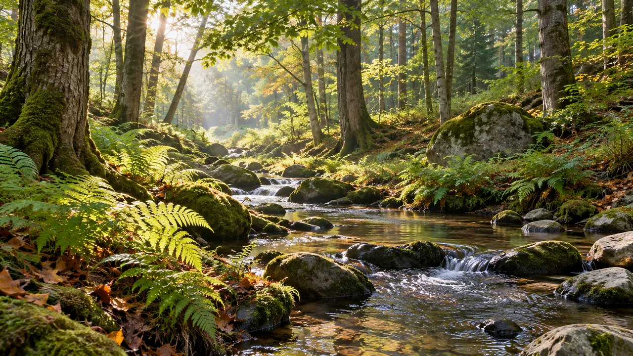 Bosque con helechos, árboles y un pequeño arroyo.