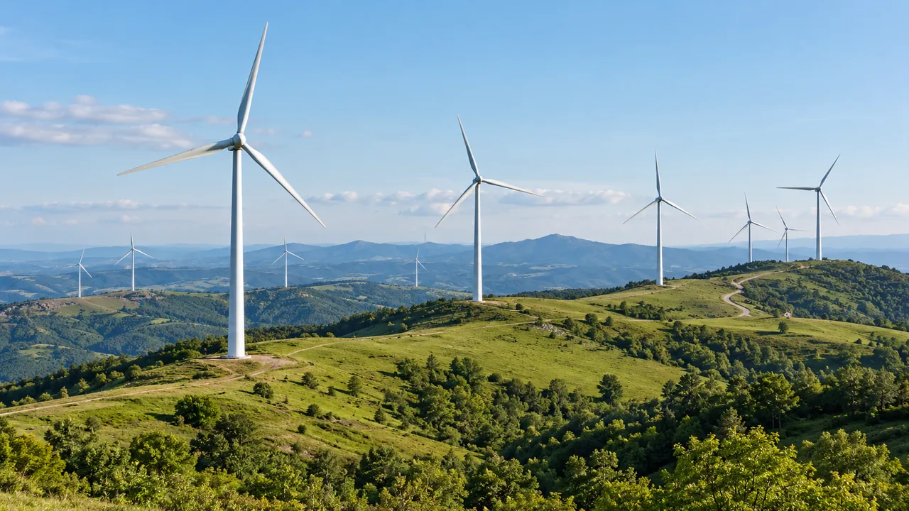 Aerogeneradores sobre colinas verdes bajo un cielo despejado.