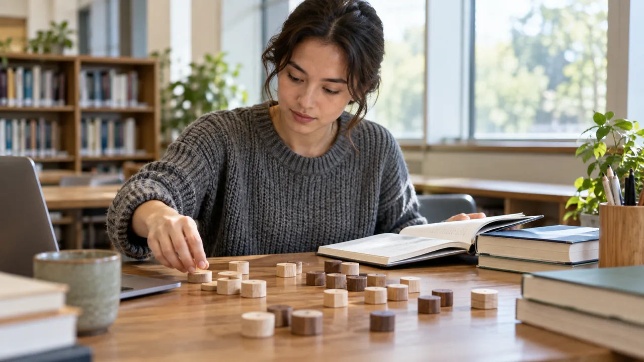 Estudante organiza peças de dados enquanto consulta um caderno de estatística.