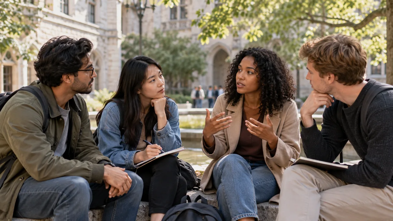 Estudantes de ciências sociais discutem observações em um pátio universitário.