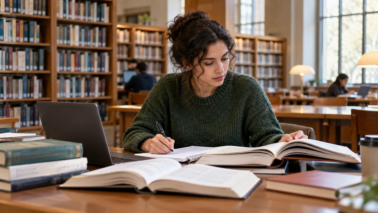 Estudante compara livros de referência e notas de terminologia em uma biblioteca.