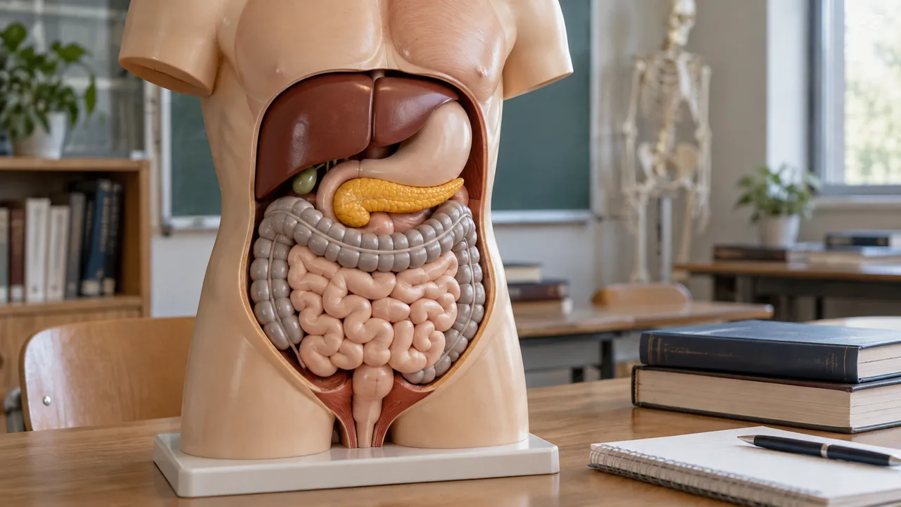 Modelo didáctico de torso humano en un aula de anatomía.