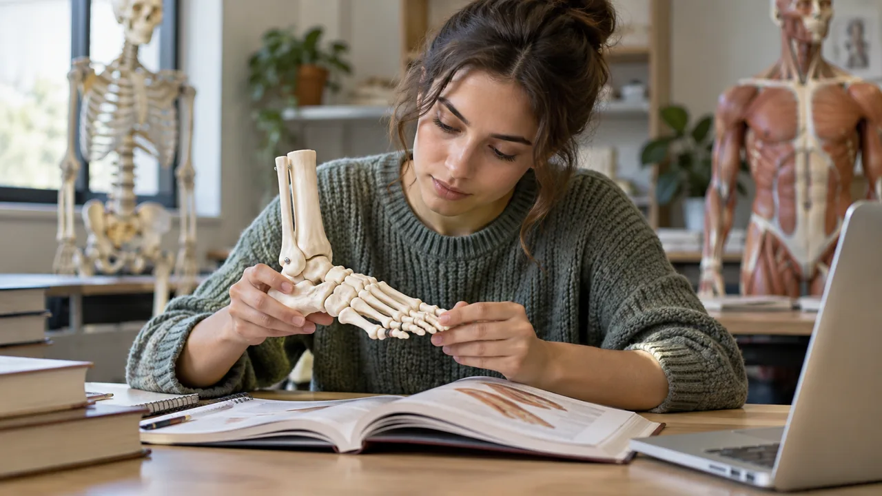 Estudante observa uma réplica didática do esqueleto do pé em uma mesa universitária.