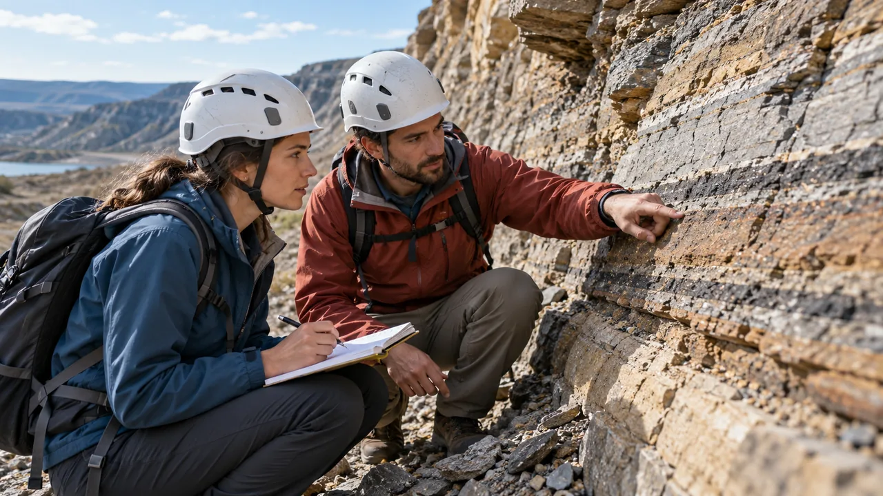 Estudantes de geologia observam um afloramento rochoso durante uma atividade de campo.