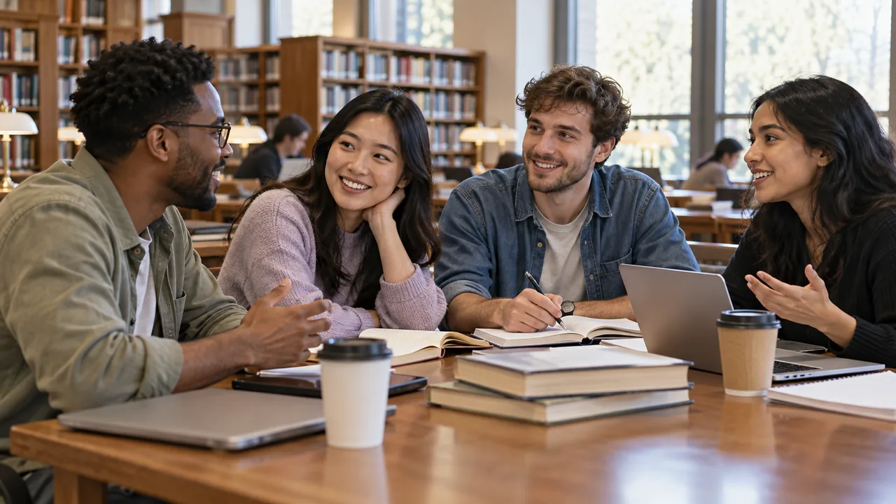 Estudiantes conversan alrededor de una mesa en una biblioteca.