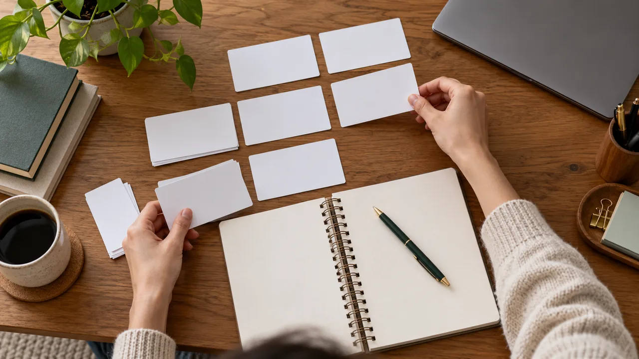 Manos organizan fichas, cuaderno y bolígrafo en una mesa de trabajo.