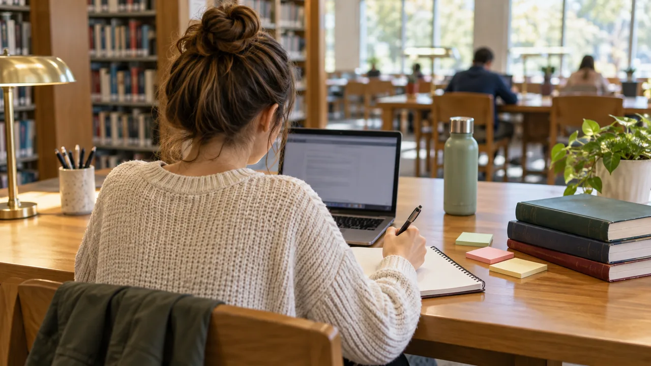 Estudiante organiza materiales de investigación en una biblioteca.