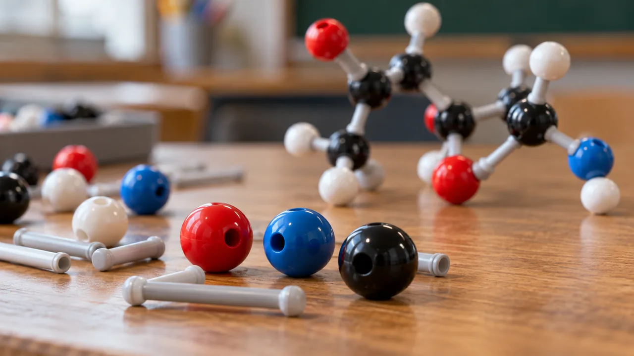Piezas de un modelo molecular de plástico sobre una mesa de estudio.
