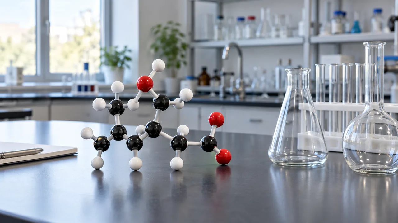 Modelo molecular de plástico y material de vidrio en una mesa de laboratorio.