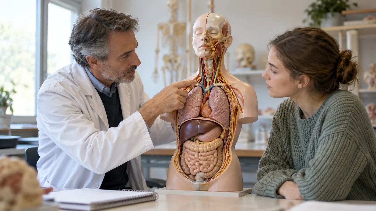 Professor e estudante examinam um modelo anatômico didático em uma aula de fisiologia.