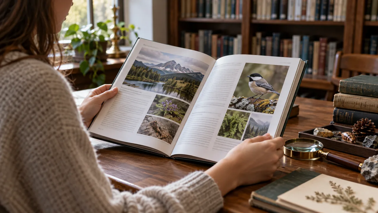 Persona consulta una revista junto a una lupa y muestras naturales.