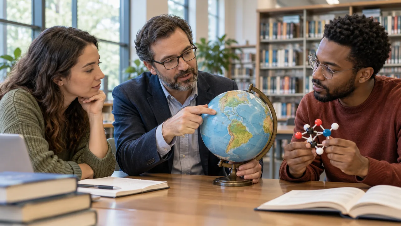 Personas conversan sobre materiales de ciencia en una biblioteca.