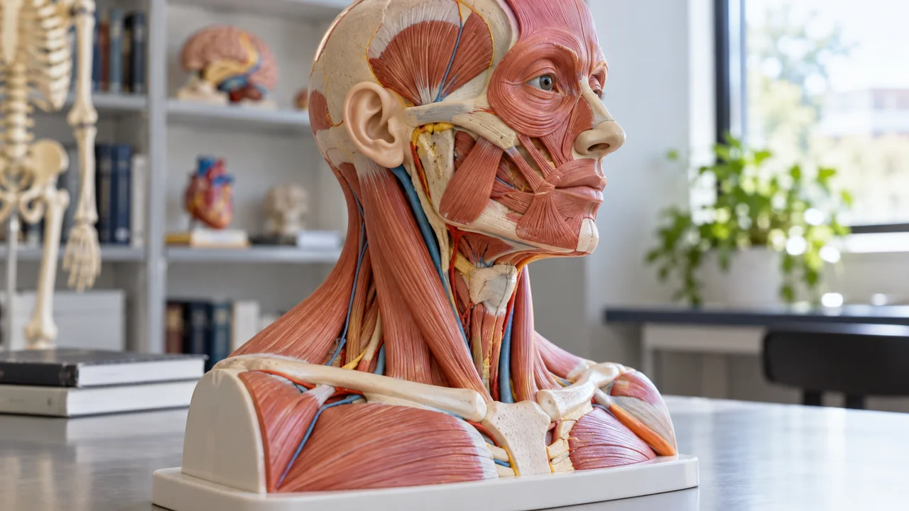 Modelo anatómico didáctico de cabeza, cuello y parte superior del tórax sobre una mesa.