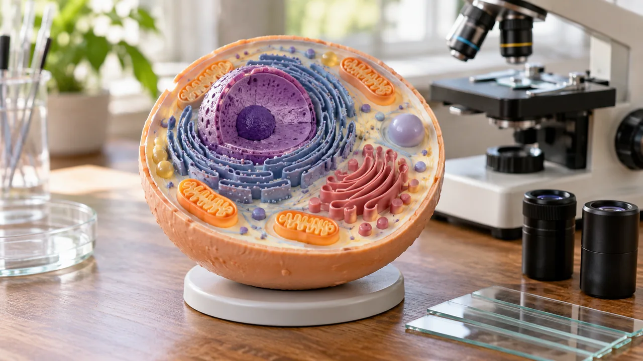 Modelo didáctico de célula animal y portaobjetos sobre una mesa de laboratorio.
