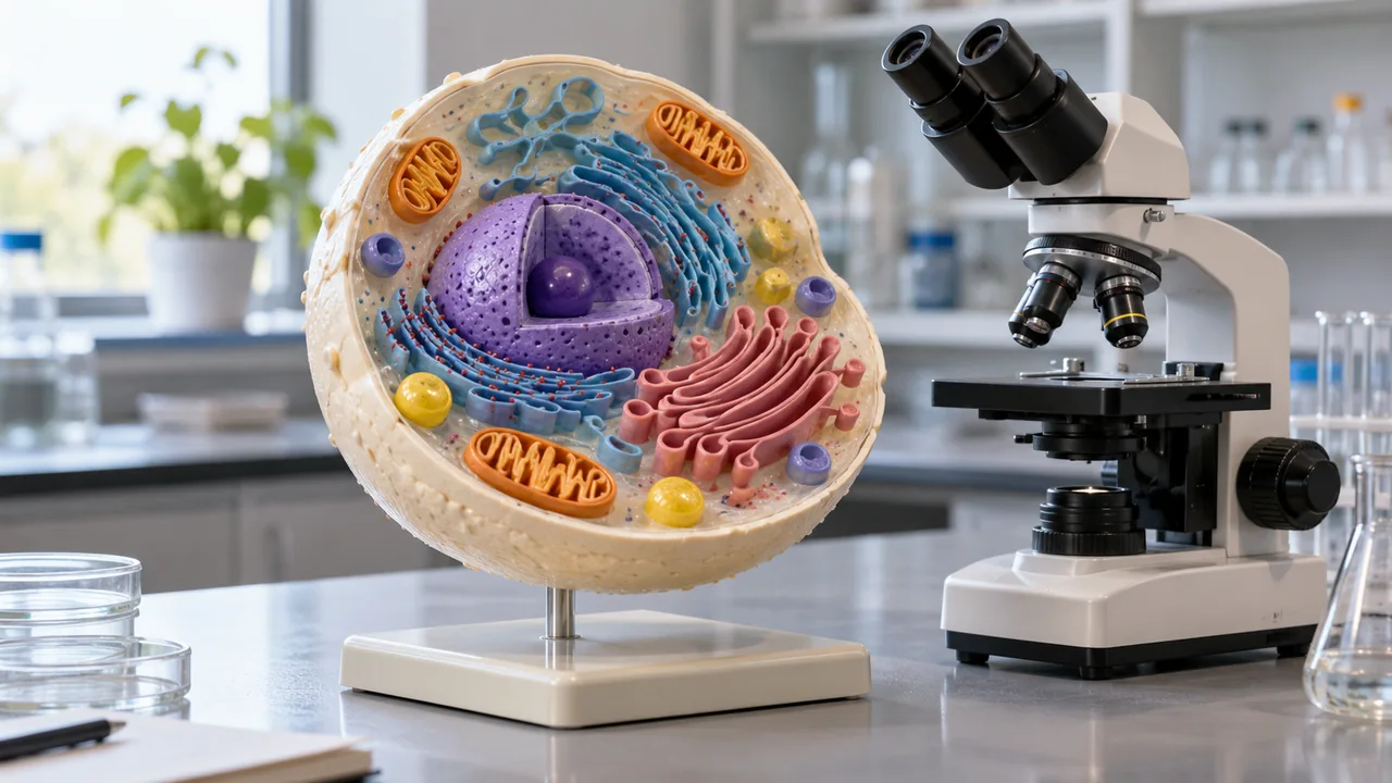Modelo didático de célula e microscópio em uma bancada de laboratório.