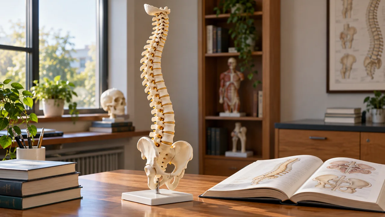 Modelo didático de coluna vertebral, sacro e pelve em uma mesa de anatomia.