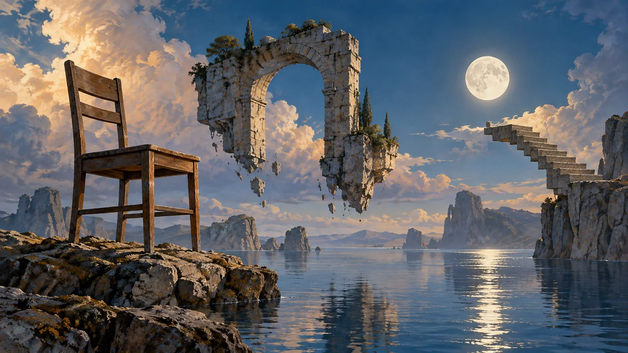 Paisagem imaginária com arco de pedra suspenso, cadeira e escadaria que termina no céu.